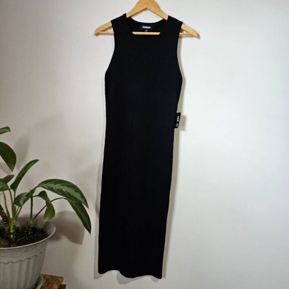 NWT EXPRESS BLACK RIBBED BODYCON MIDI DRESS SIZE MEDIUM - Picture 1 of 12